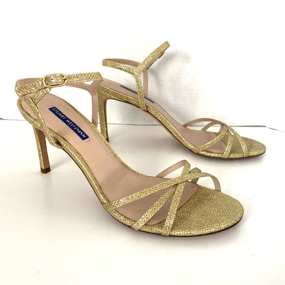 Stuart Weitzman Starla Gold Sandal 3.5"Slim Heel Open Toe Glitter Ankle Strap 10 - Picture 3 of 10